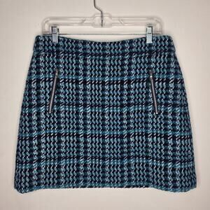 Ann Taylor Loft teal white black plaid skirt front zipper details - 10